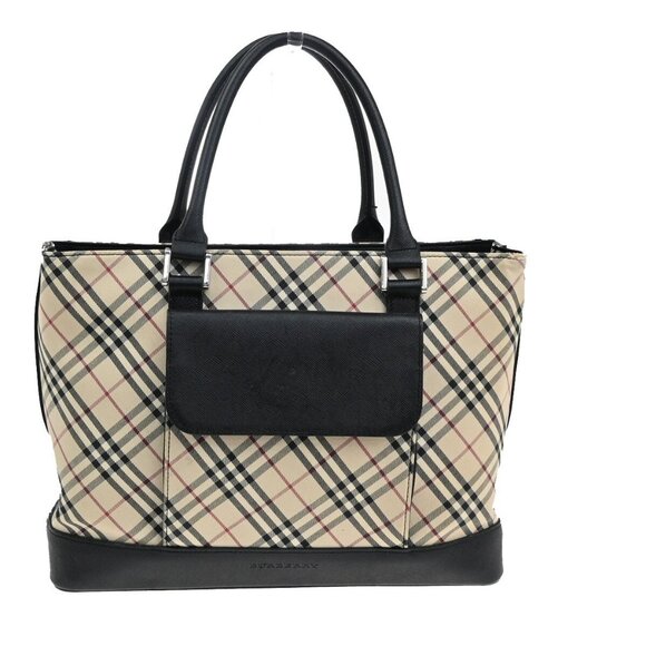 BURBERRY Logo Nova Check Hand Tote Bag Canvas Leather Beige Black Silver - Picture 1 of 16